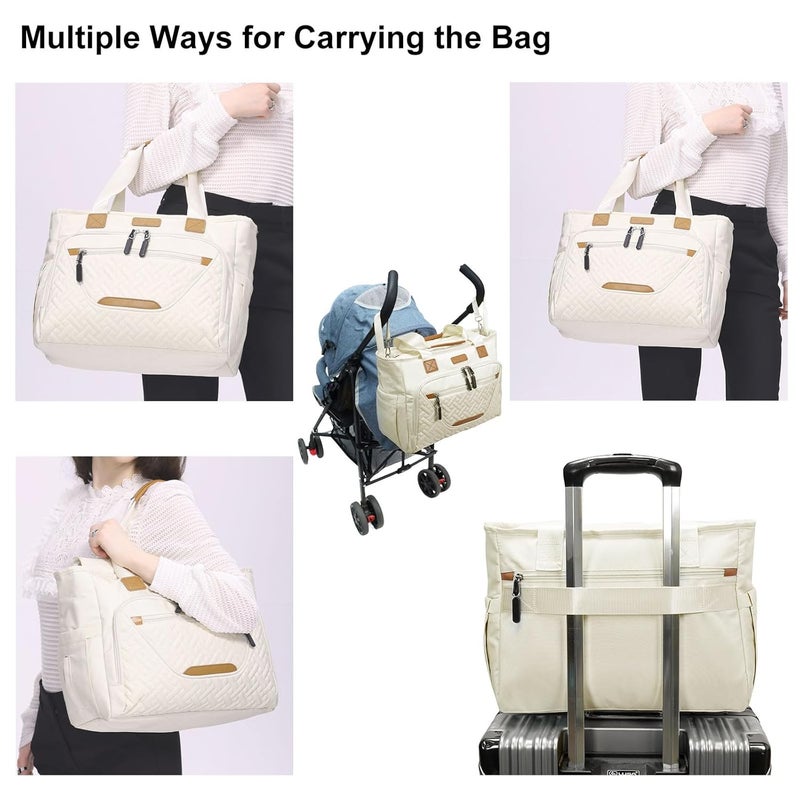 FHELAD Tote Diaper Bags, Baby Diaper Handbag with 15.6 Inch Laptop Compartment, Travel Diaper Bag with Insulated Pocket Ideal for Baby Registry (Beige) - Image 3